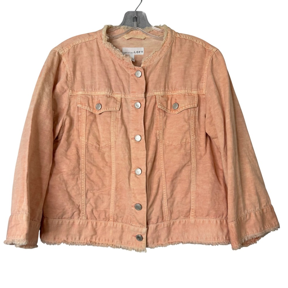 Loft Linen Blend Jacket Womens M Peach Pink Raw Edge 3/4 Sleeve Lightweight